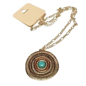 Boho Statement Pendant Necklace Turquoise Center 21" Silver Tone Chain Medallion